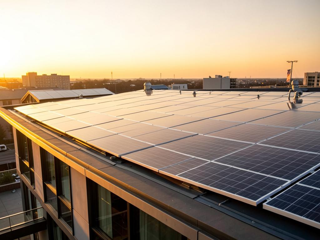 Zonnepanelen op een dak in warm avondlicht